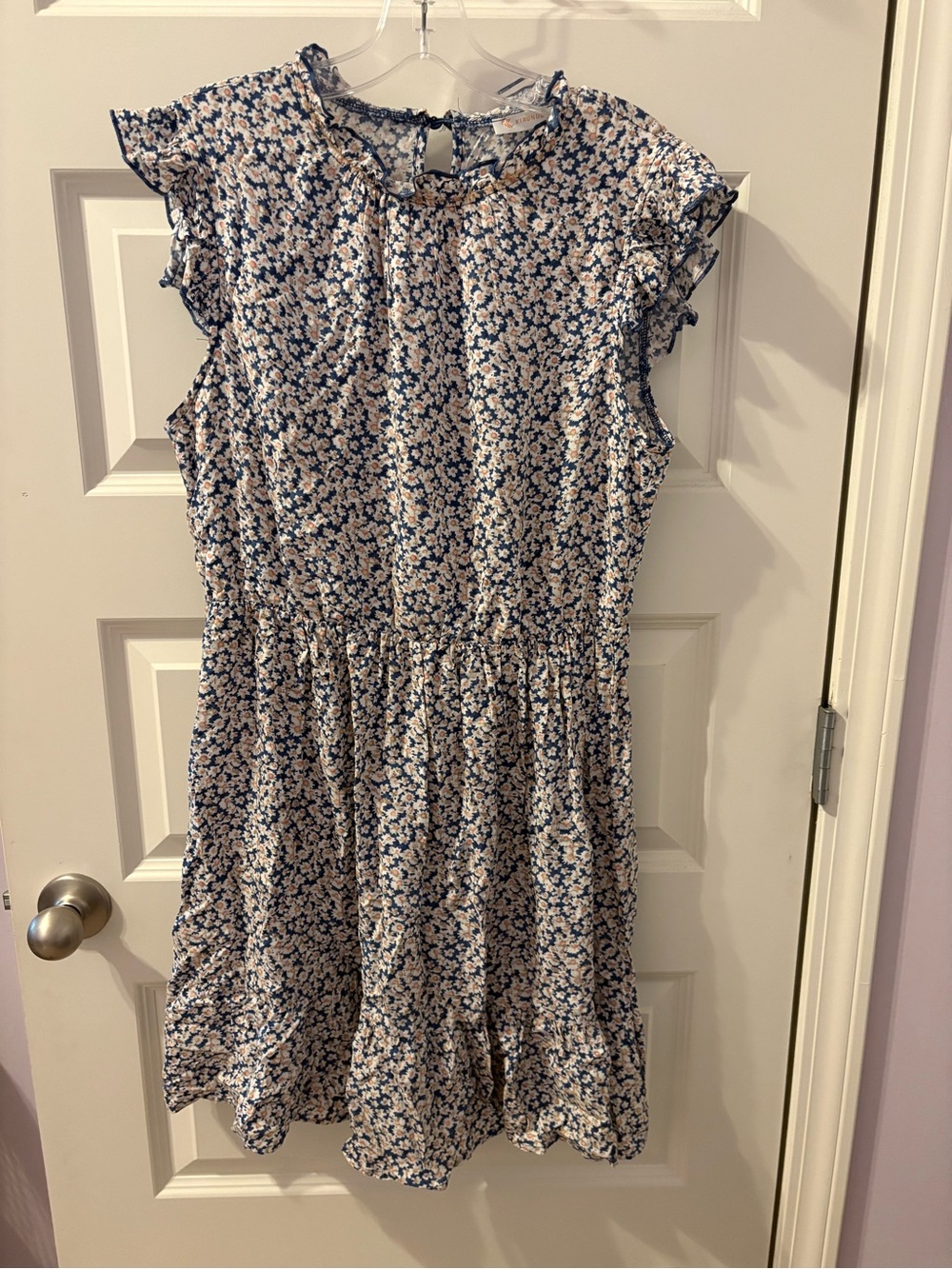 Blue and White Floral Mini Dress with Ruffle Sleeves